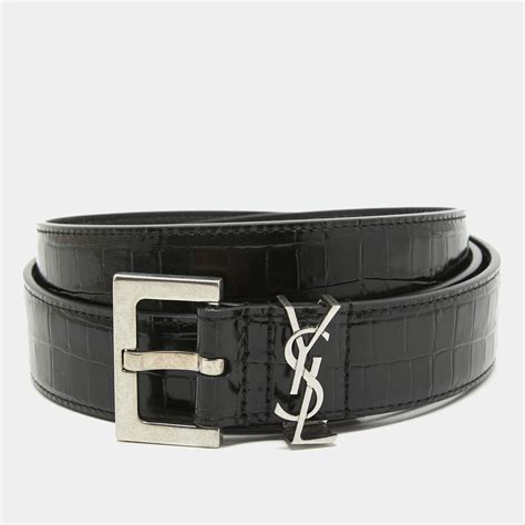 Monogram belt with square buckle in crocodile embossed leather